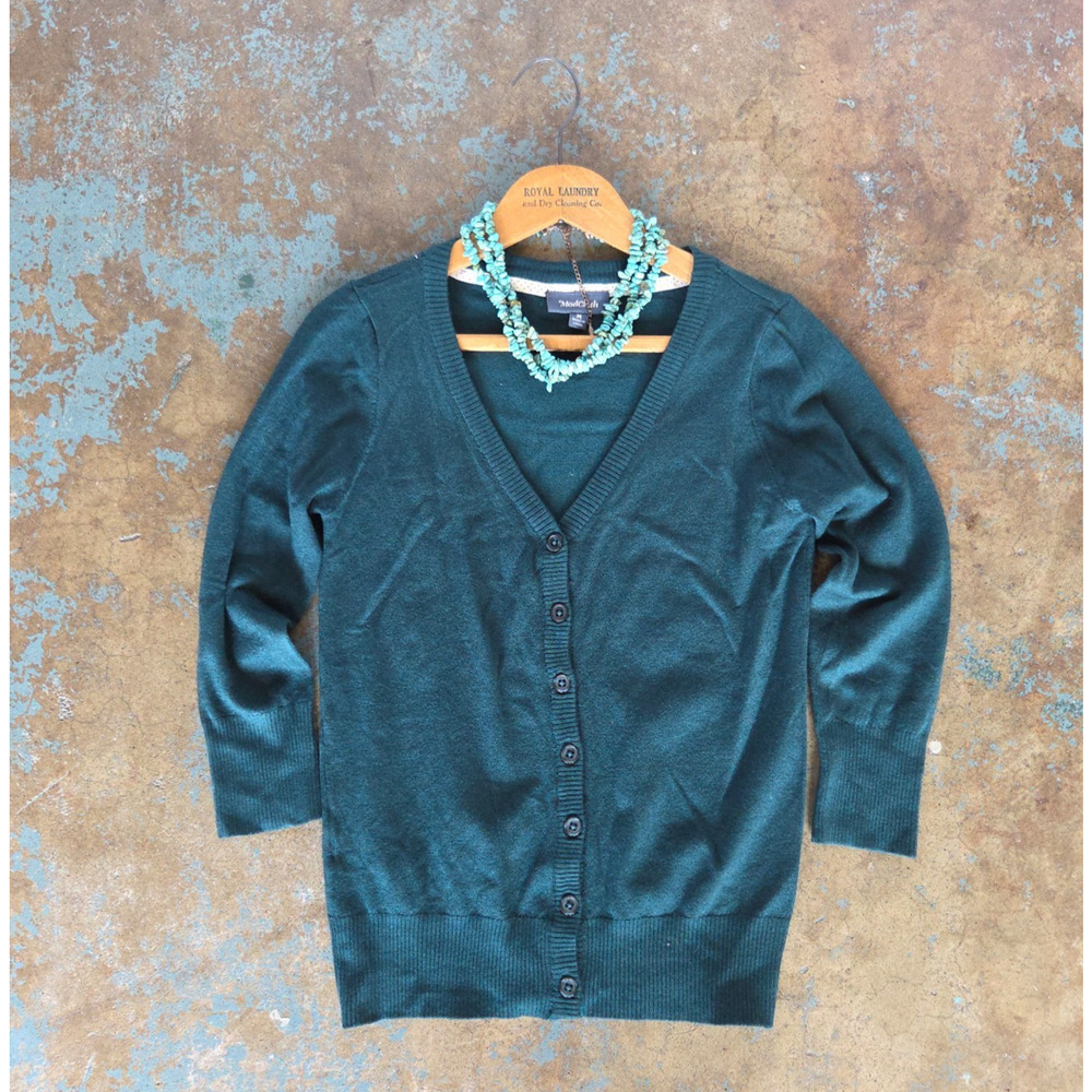 Modcloth Forest Green Charter School Cardigan Sweater Size M V Neck 3/4 Sleeve